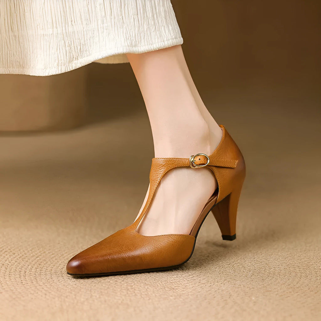 Brown women's retro T-strap sandals with a closed toe, buckle, and chunky heel