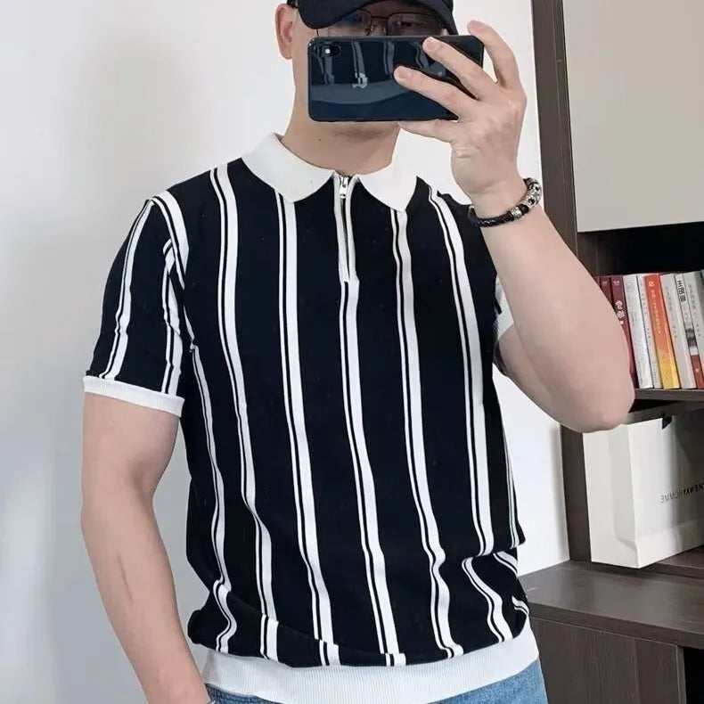 Men's Korean style vintage stripe casual t-shirt with front zipper and cartoon pattern