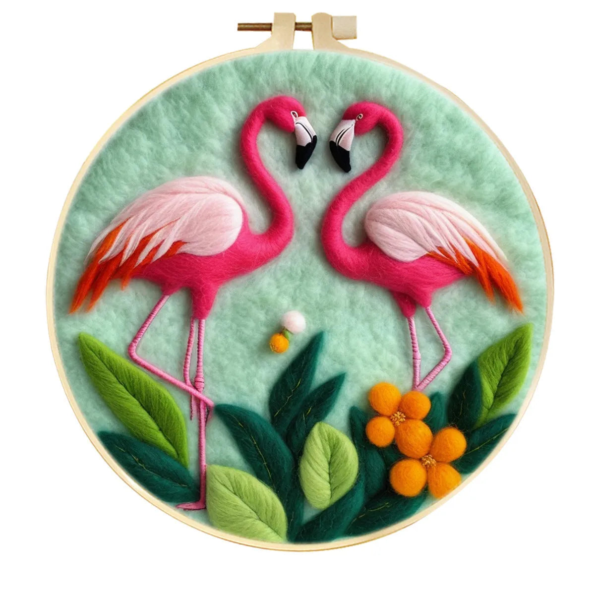 Round 20x20 cm linen embroidery kit with wool felt pieces for floral design and included embroidery frame.