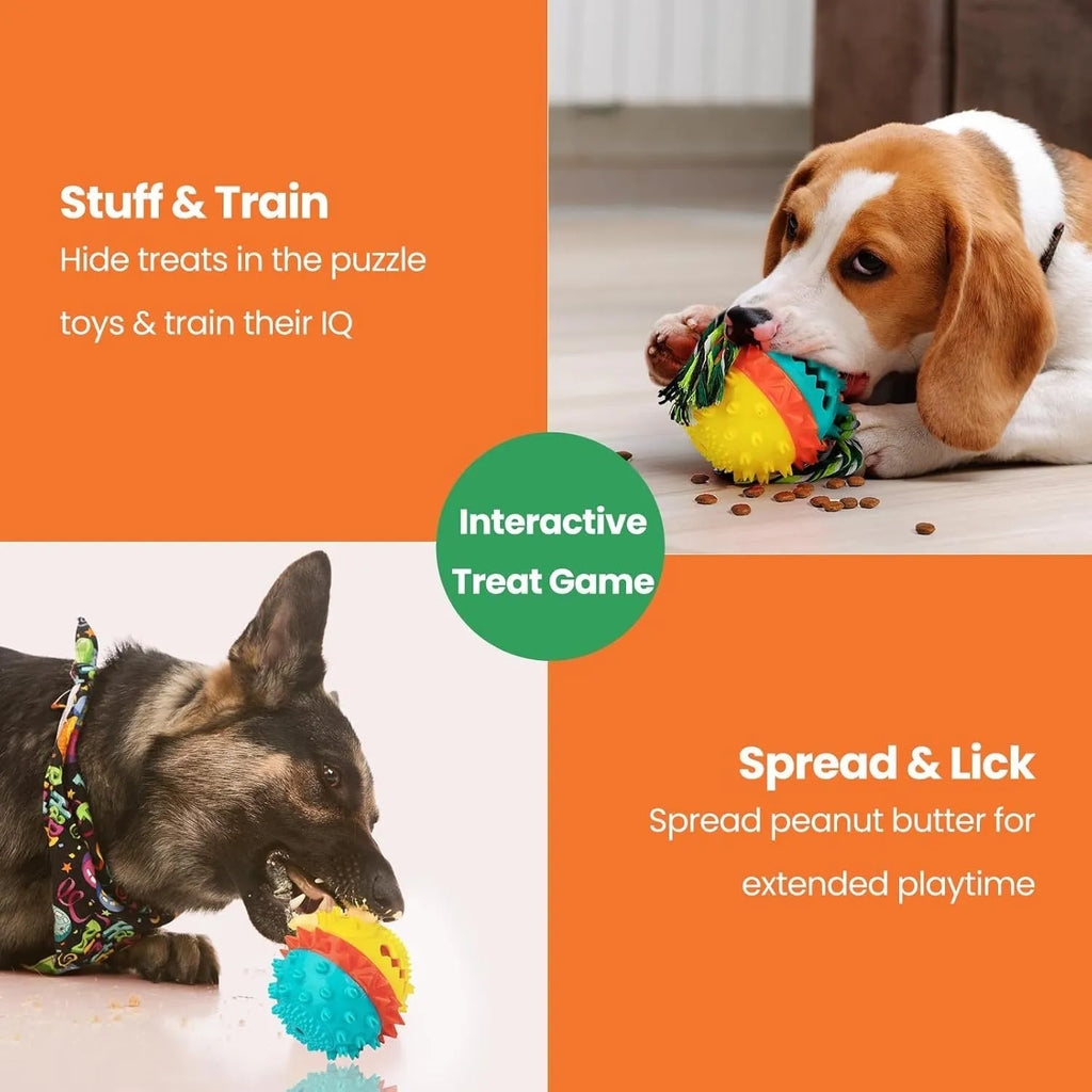 Blue and red TPR rubber squeaky dog ball with treat hole and rope tug.