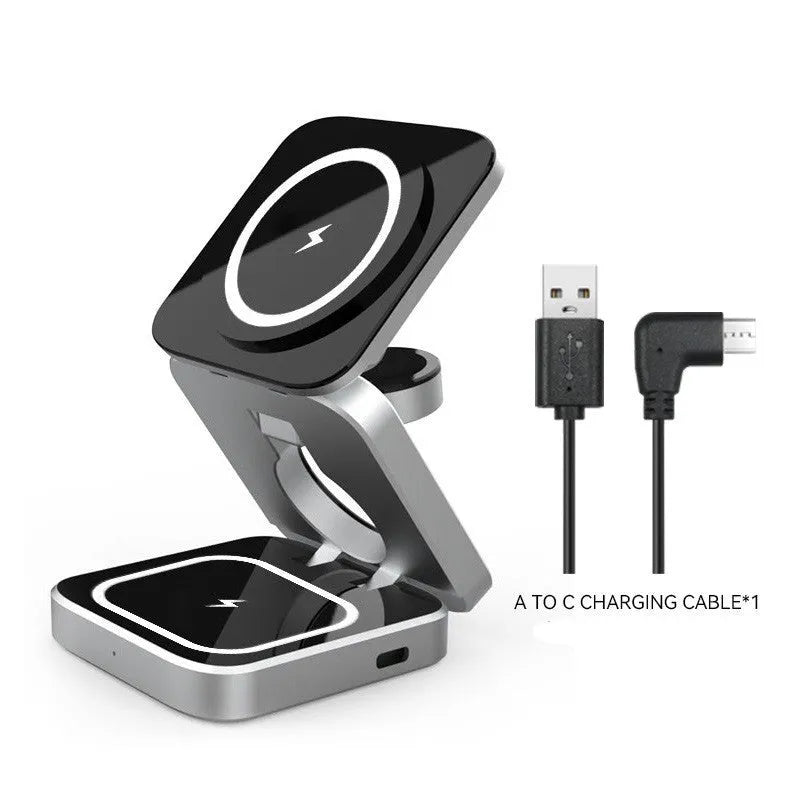 Folding three-in-one desktop wireless charging bracket for Apple, Samsung, and Google Pixel devices on a table.