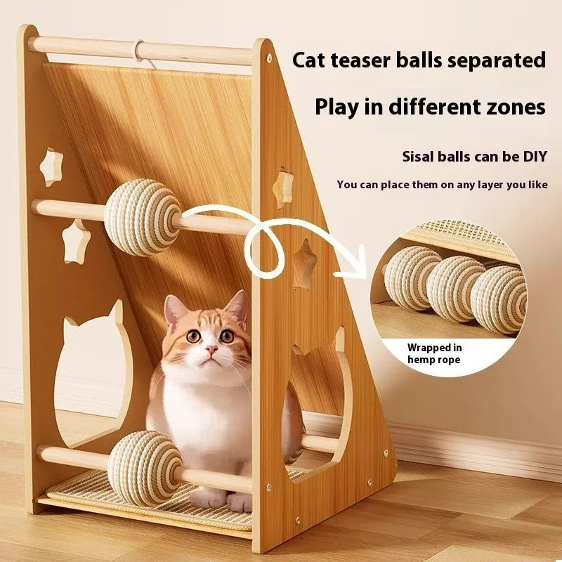 Vertical cat scratch board with hemp rope surface and cat teasing ball design