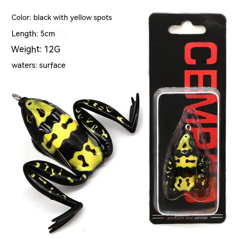 Bionic thunder frog snake head fishing lure in grass green with black yellow dots pattern and double hooks