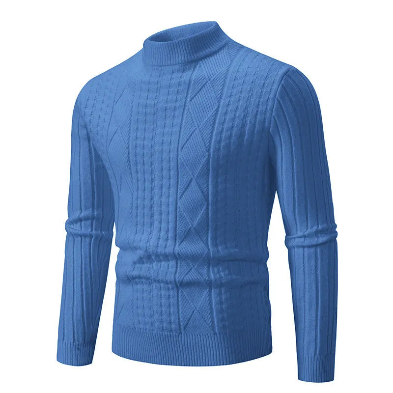 Men's slim fit jacquard knit pullover sweater in beige, front view, long sleeves, crew neck