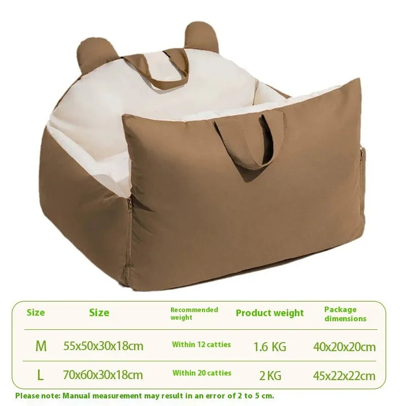 Blue beige removable washable car kennel for dogs, shown in L size 70x60x30cm.