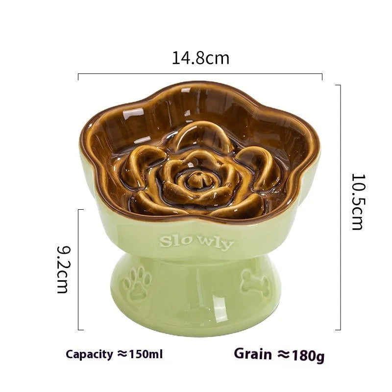 Black ceramic pet bowl with high foot neck protector design for spill prevention
