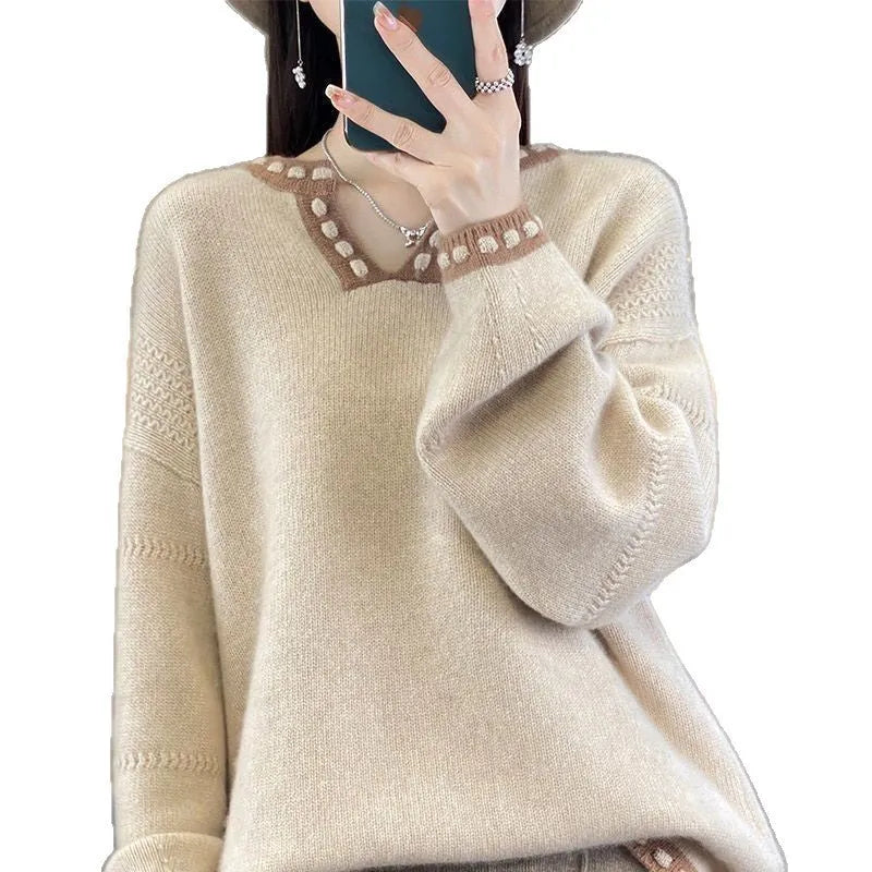 Women's V-neck pullover sweater in viscose fibre available in white and camel colours