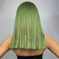 Plant green straight hair wig with bangs on a mannequin, shade LC4771, for ladies face shape modification