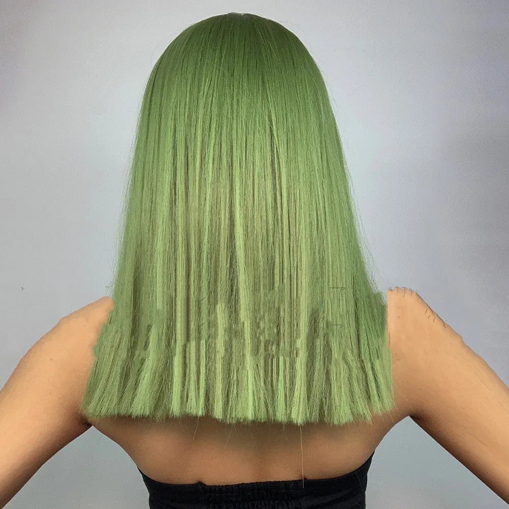 Plant green straight hair wig with bangs on a mannequin, shade LC4771, for ladies face shape modification