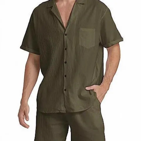 Men's flax summer sports shorts suit with short-sleeved top and matching athletic shorts