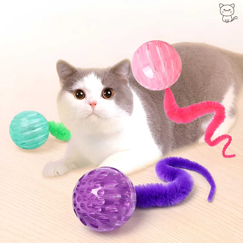 Interactive cat toy with three bouncy TPR balls connected to long plush tail in green colour