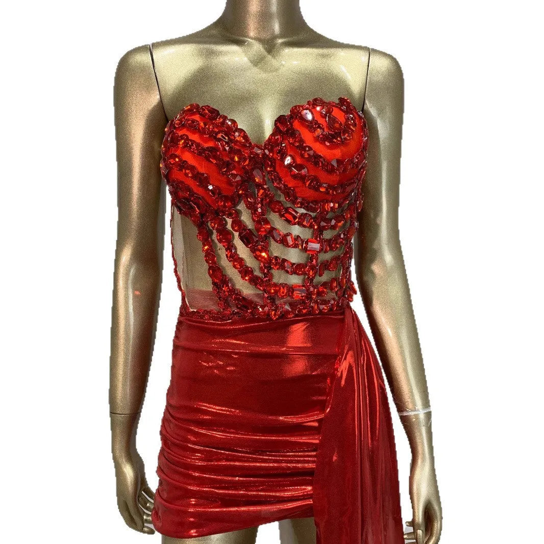 Red spandex stage skirt suit with hollow mesh see-through panels for female performers