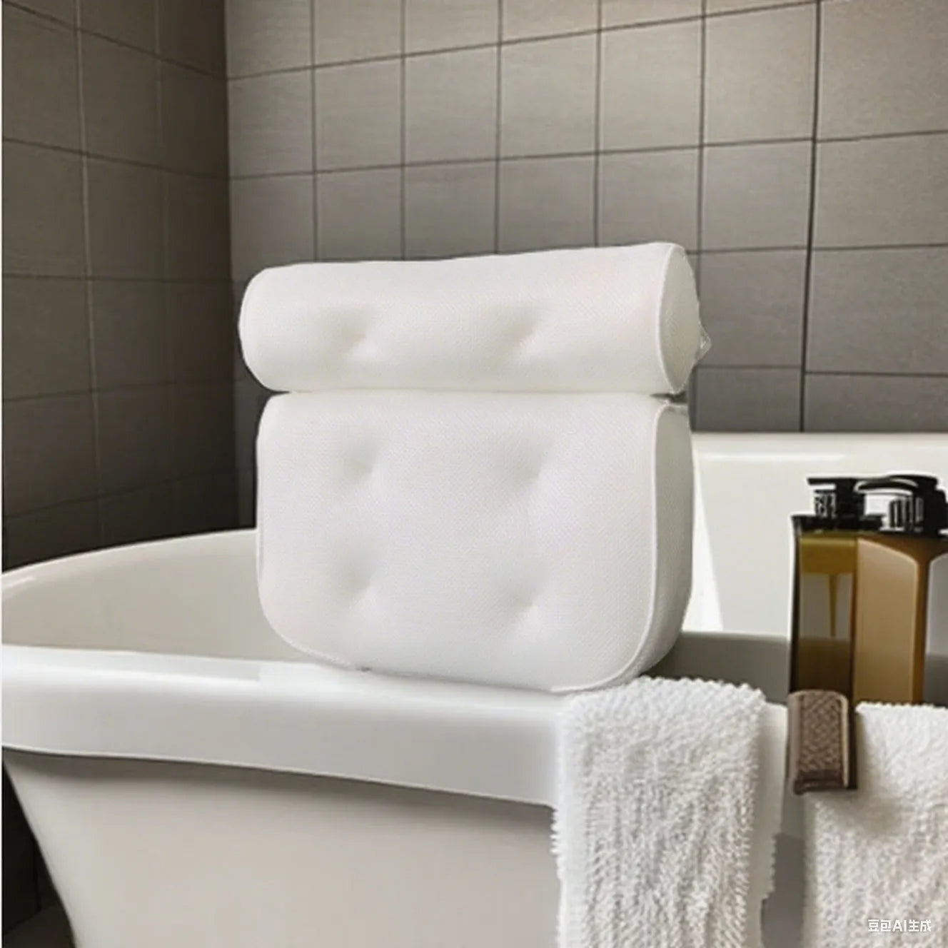 White luxury bathtub pillow with textured 3D material and seven large suction cups on the back.