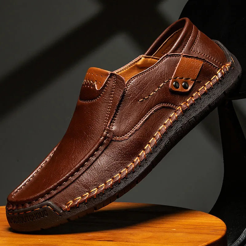 Men's casual leather shoes in black with soft rubber sole, round toe, and low heel