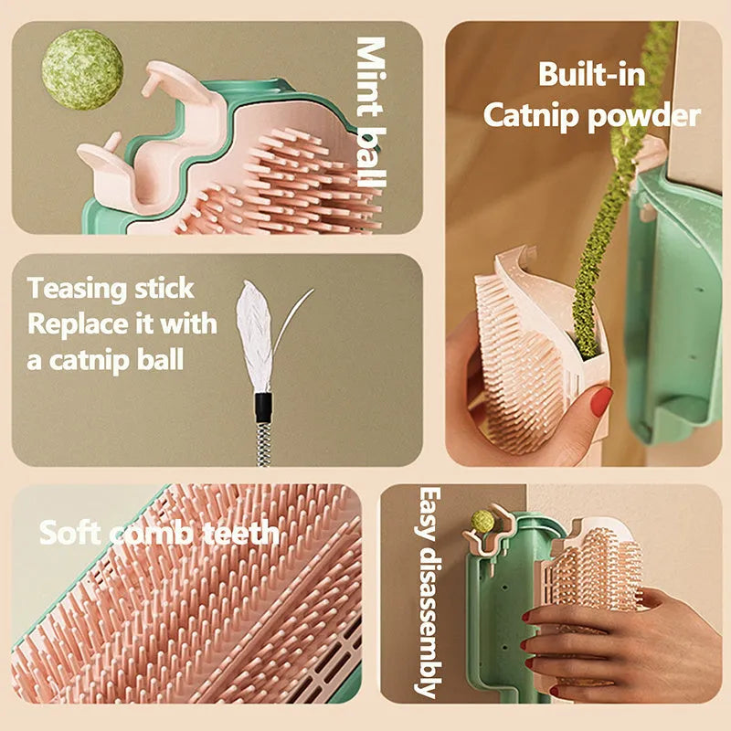 A lightweight plastic pet grooming tool for itch relief and massage, shown with optional attachments.