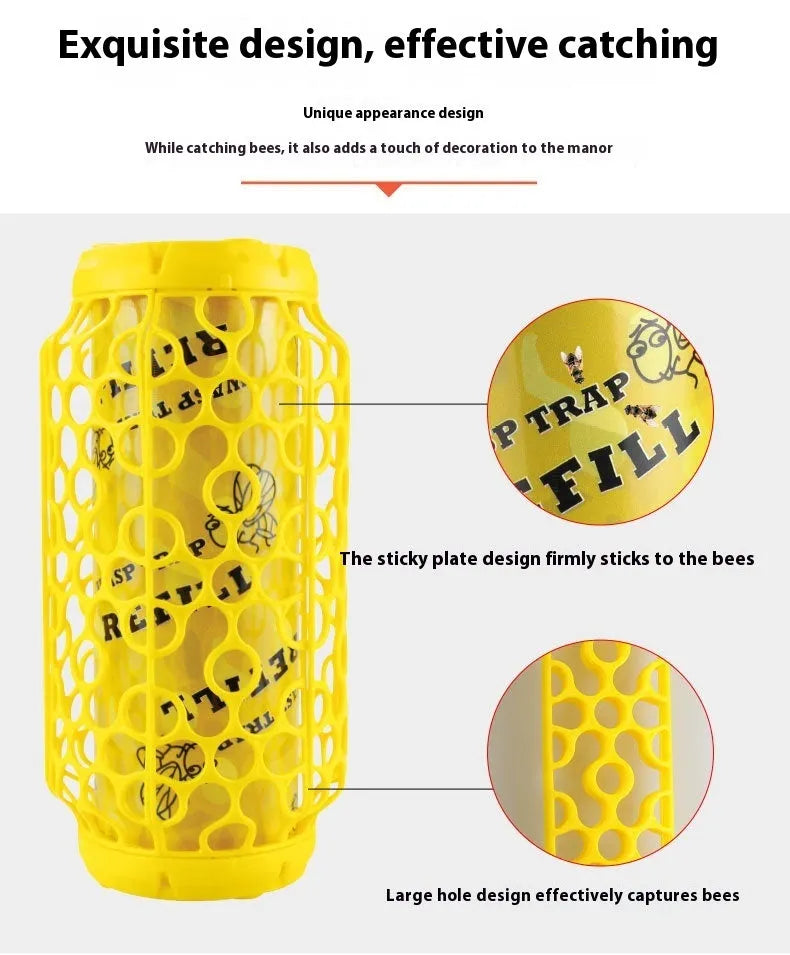 Hanging hornet catcher with sticky catcher and outer mesh for wasps and small flying insects in outdoor settings