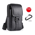 Men's black genuine leather crossbody waist bag with a lock and square vertical shape.