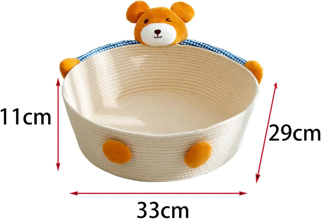 Woven cotton rope cat bed with scratching surface in Bear design, shown in medium size.