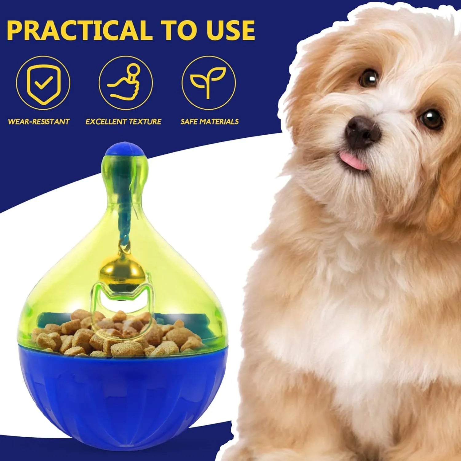 Blue and white tumbler-shaped interactive dog and cat treat dispenser puzzle toy