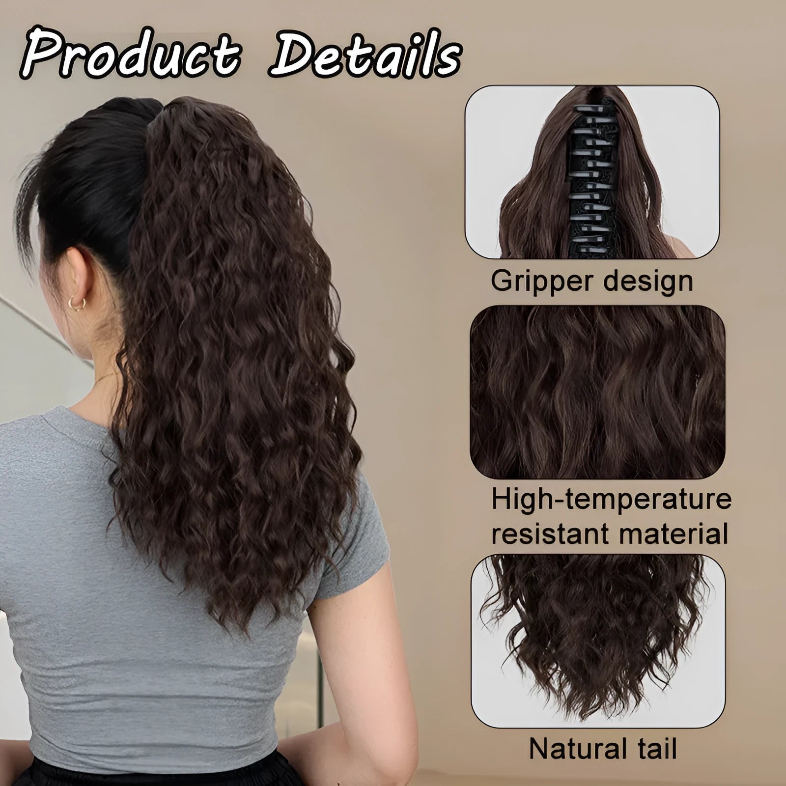 A corn curl ponytail wig with a water ripple grip texture, shown in a dark brown 1B colour, featuring a hair clip attachment.