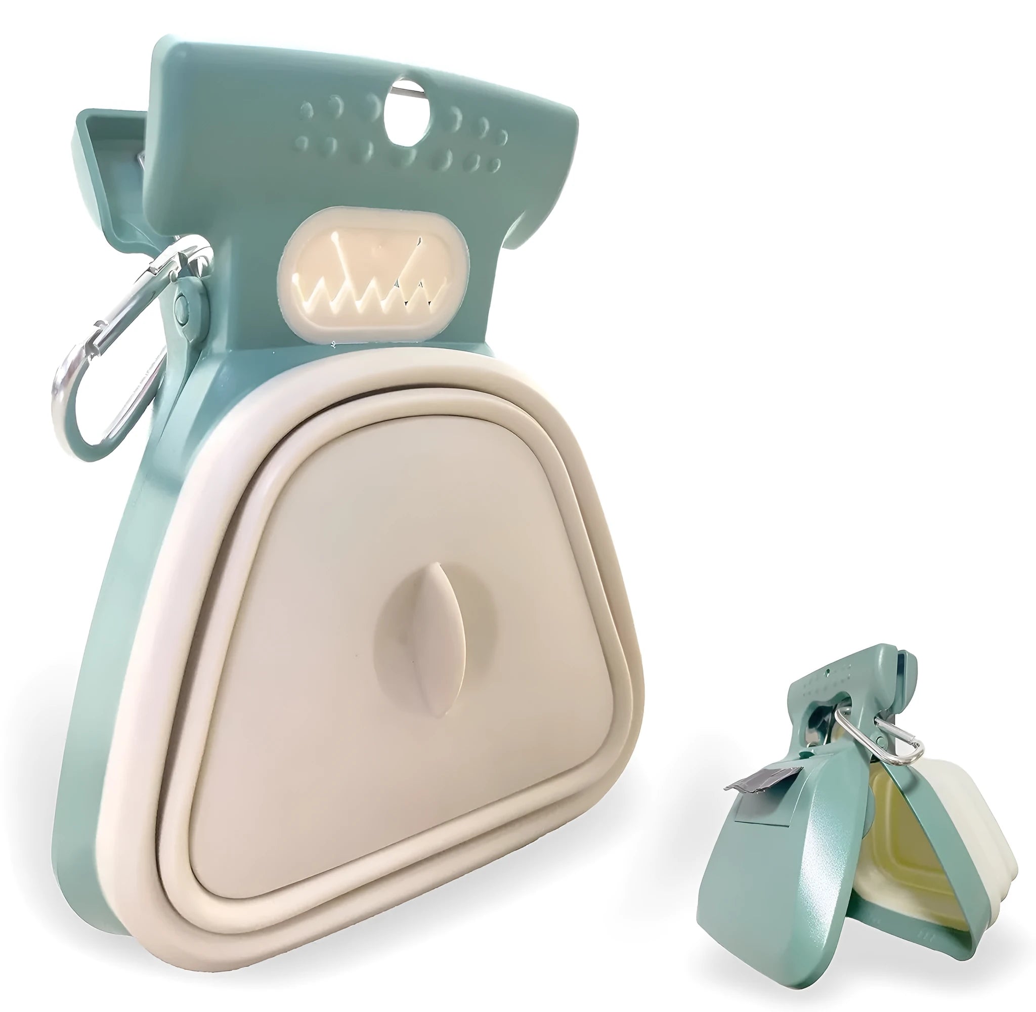 Blue portable handheld dog pooper scooper with clip and expandable waste container on a green background.