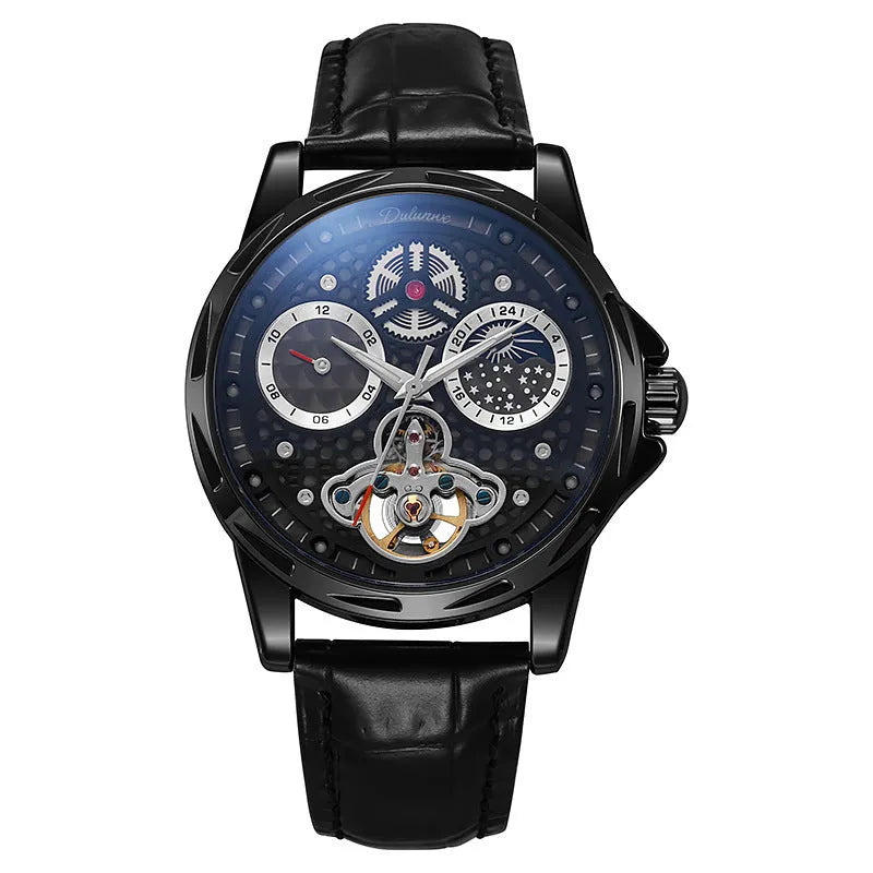 Men's automatic watch with luminous hands on steel bracelet, black dial, waterproof case
