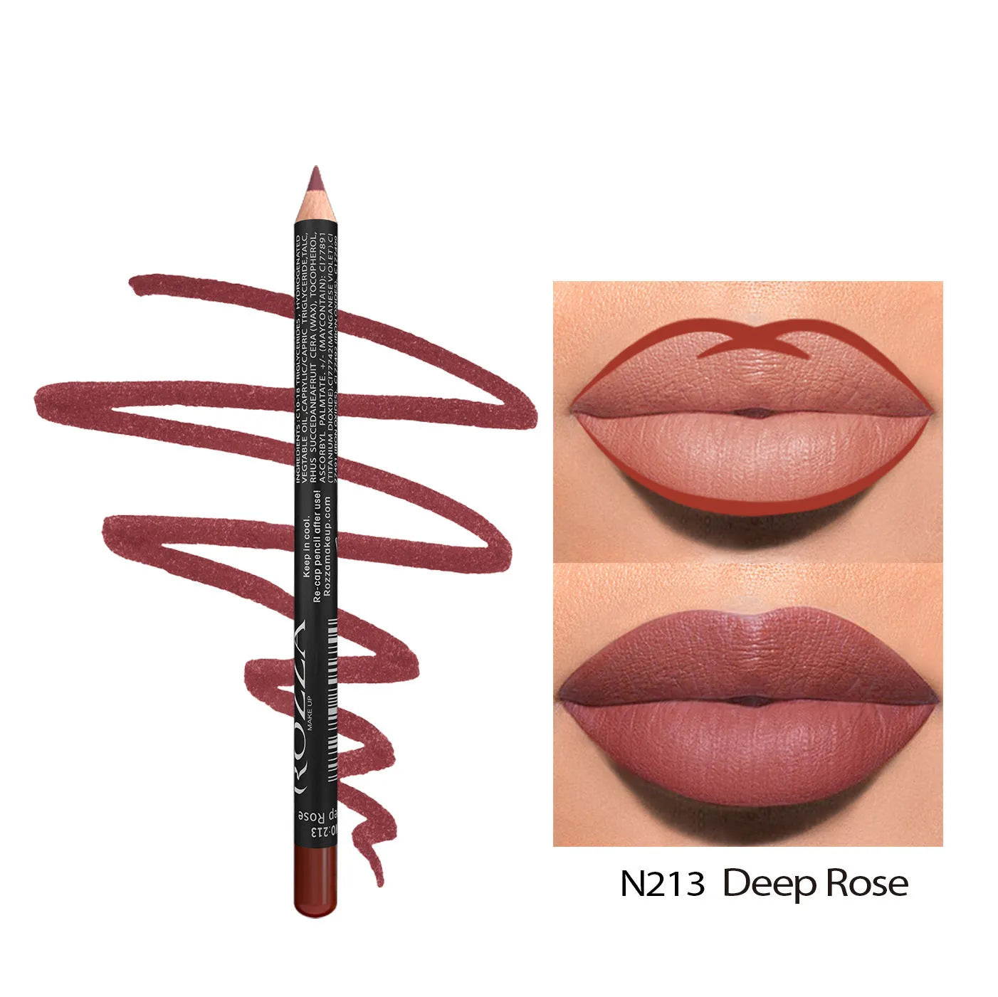Matte finish lip liner pencil in wood casing with colour options 201 to 214 for 24-hour wear
