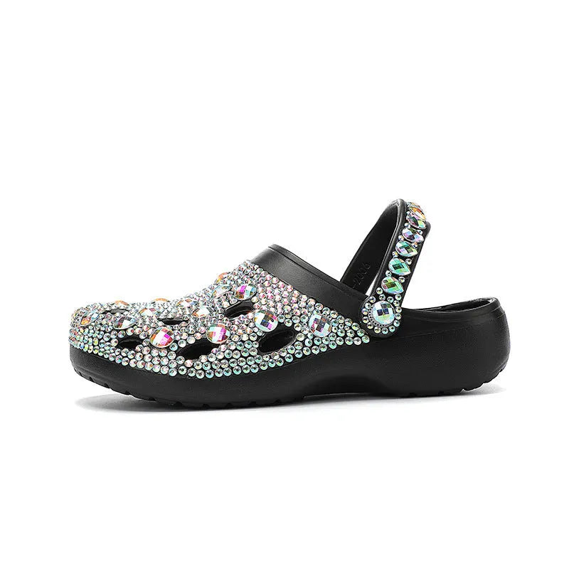 Black women's platform sandals with rhinestone decoration and a thick EVA sole.