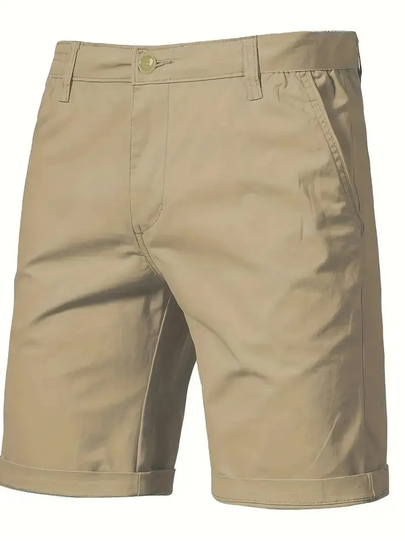 Straight-leg cotton camping shorts in khaki, with zip placket and mid waist, for teenage outdoor leisure