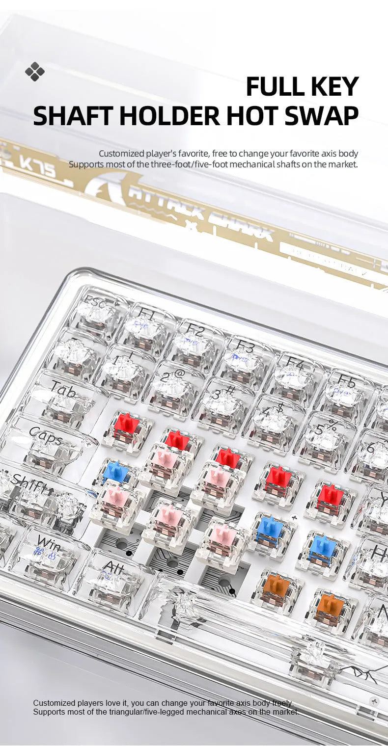 Attack Shark K75RGB transparent wireless mechanical keyboard with RGB lighting showing through PC case