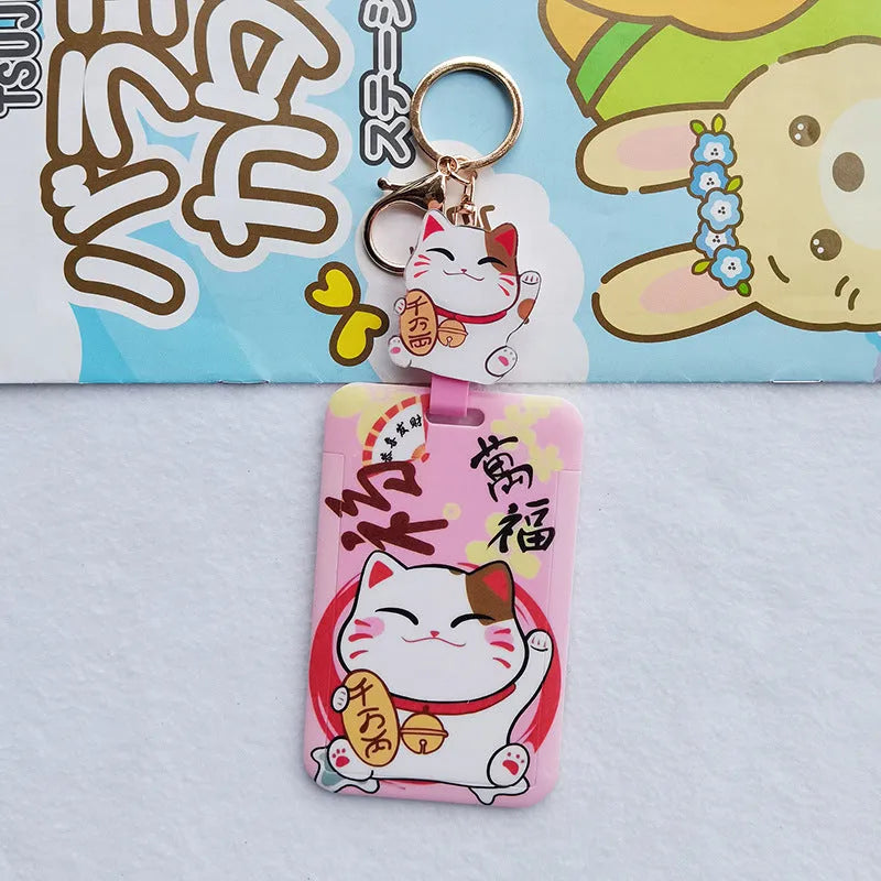 Cartoon lucky cat design plastic certificate sleeve and matching ferrule pendant set.