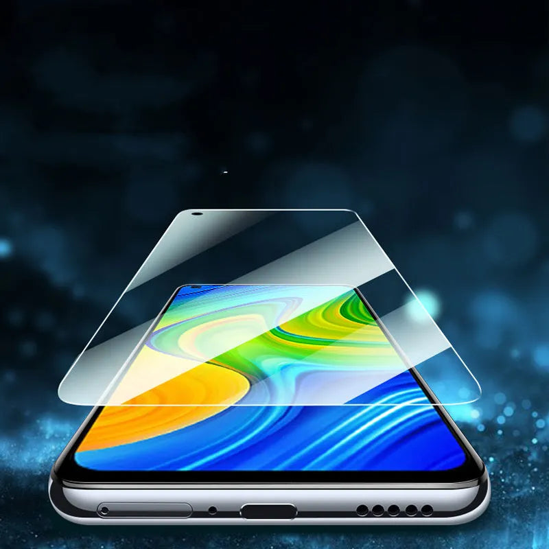 Tempered glass screen protector for Xiaomi and Redmi mobile phones showing full coverage and clear transparency