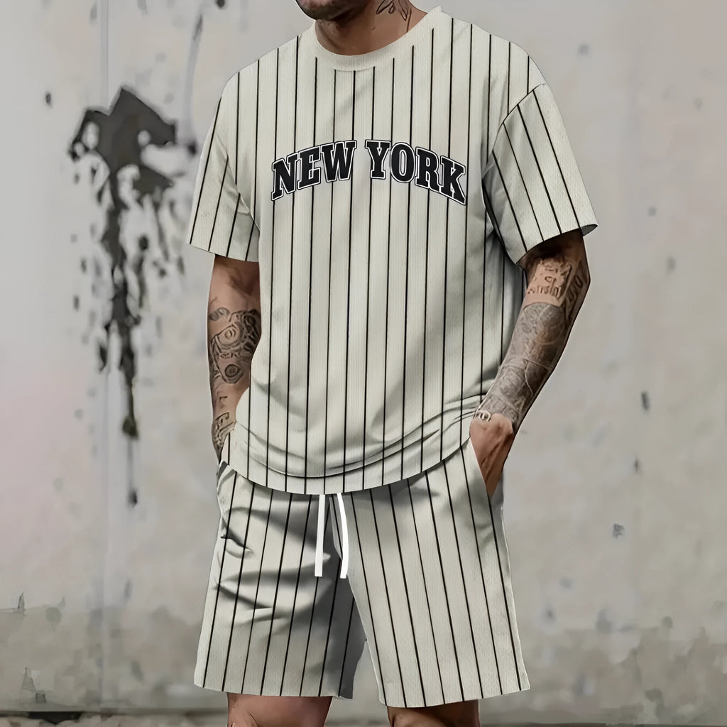 Men's 3D printed suit set with personality letter design on short sleeve top and matching shorts