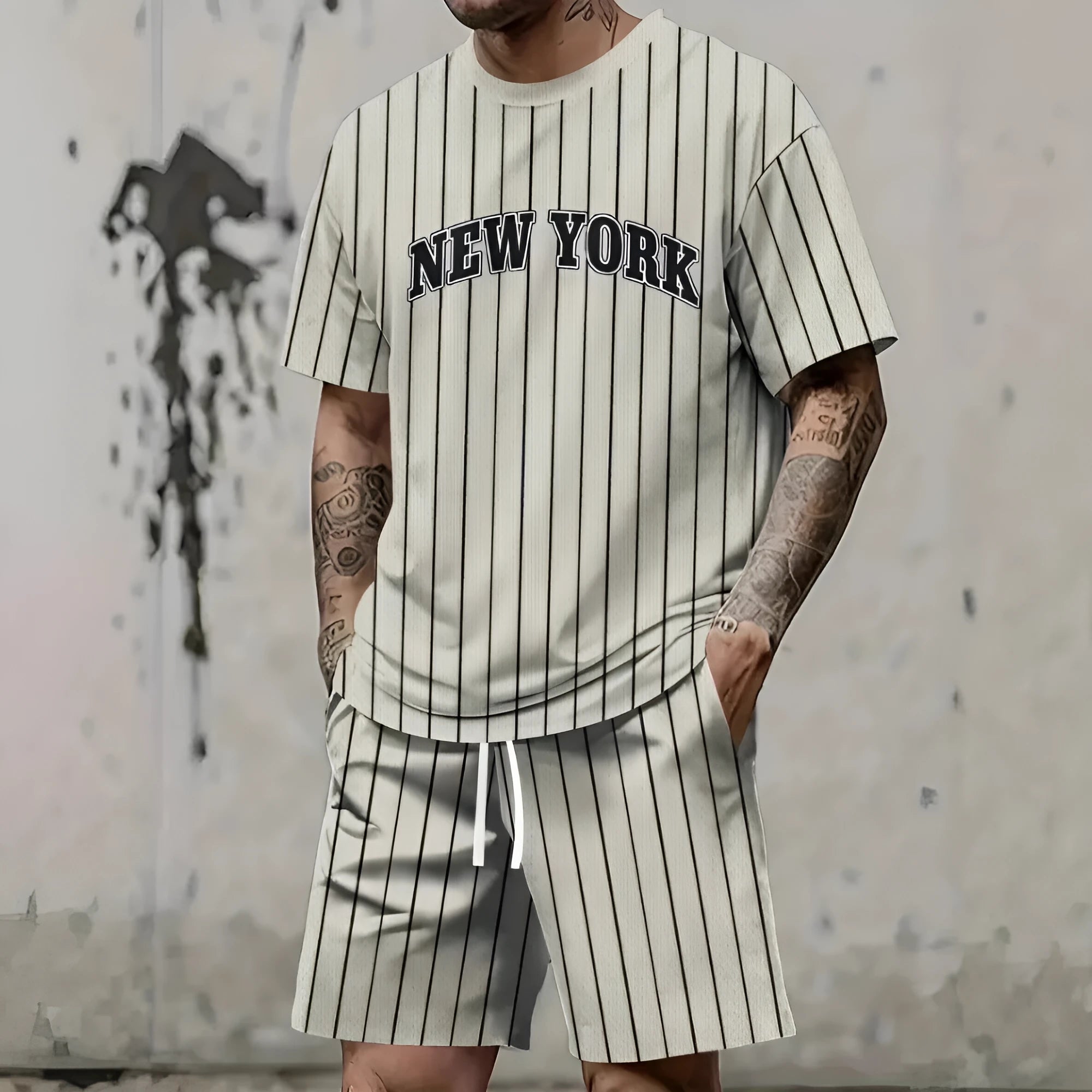Men's 3D printed suit set with personality letter design on short sleeve top and matching shorts