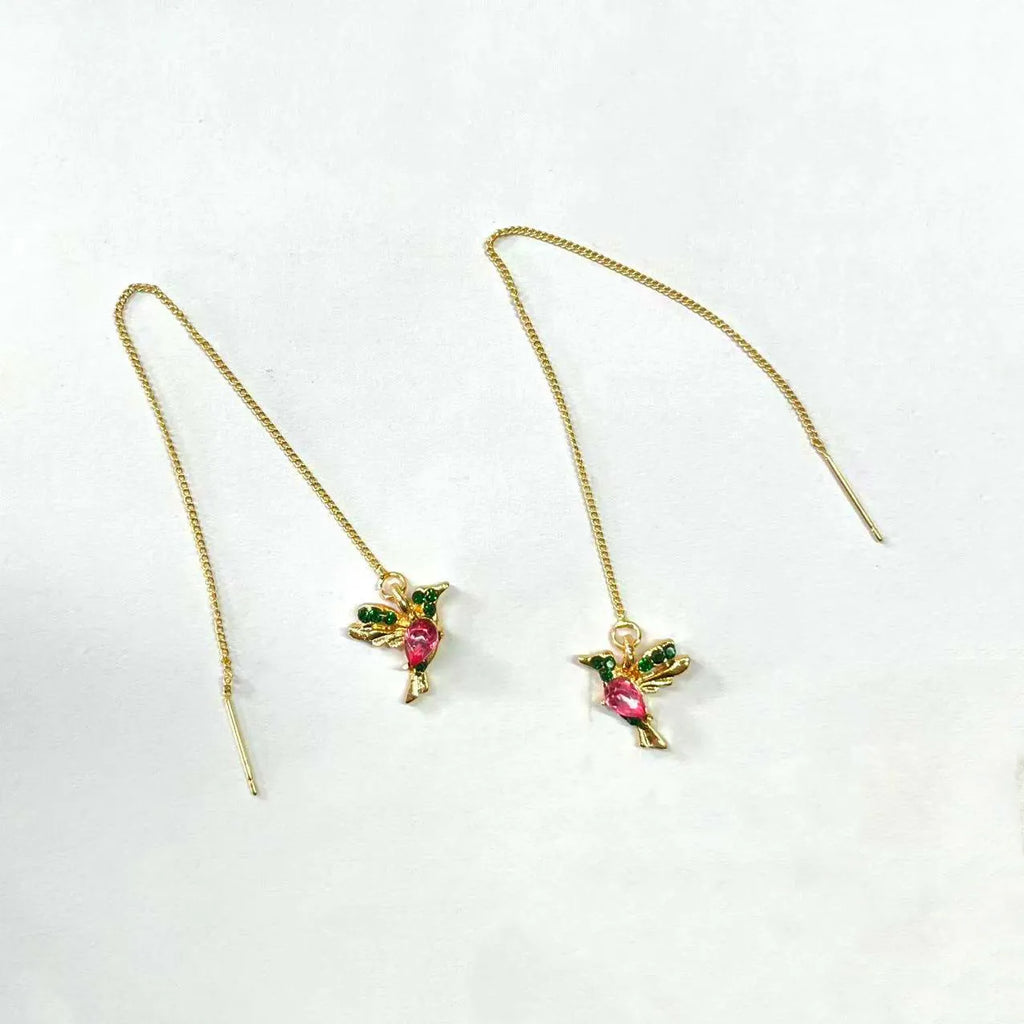 Personalised long drop bird earrings for women in alloy with mixed zirconium wings.