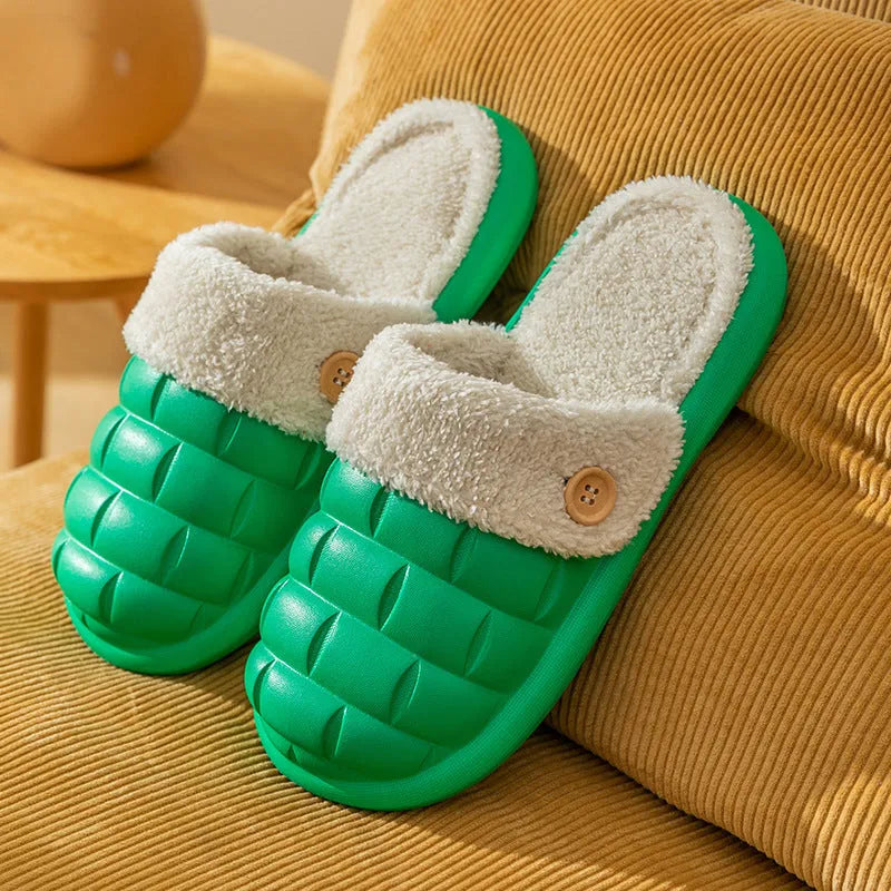 Women's EVA detachable slippers with plush lining in pink, green, yellow, white, grey, or black.