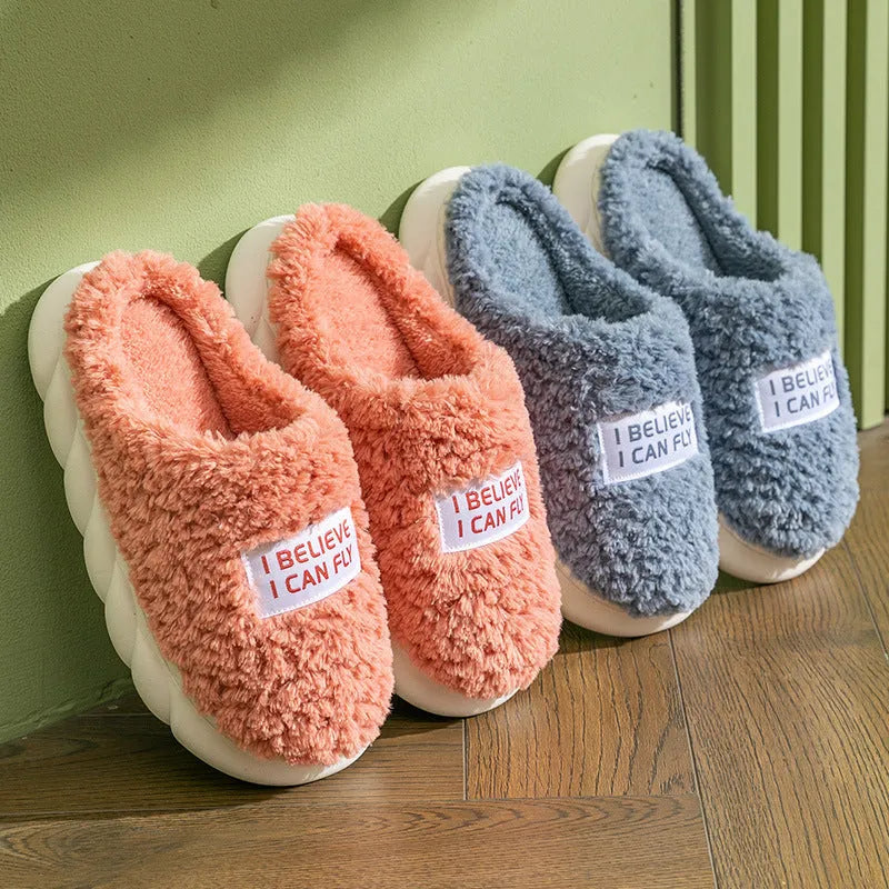 Warm plush slippers with faux fur lining and PVC sole in brown, a unisex home shoe for winter