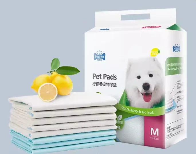 Pack of thickened dog urine pads showing adhesive backing and size options