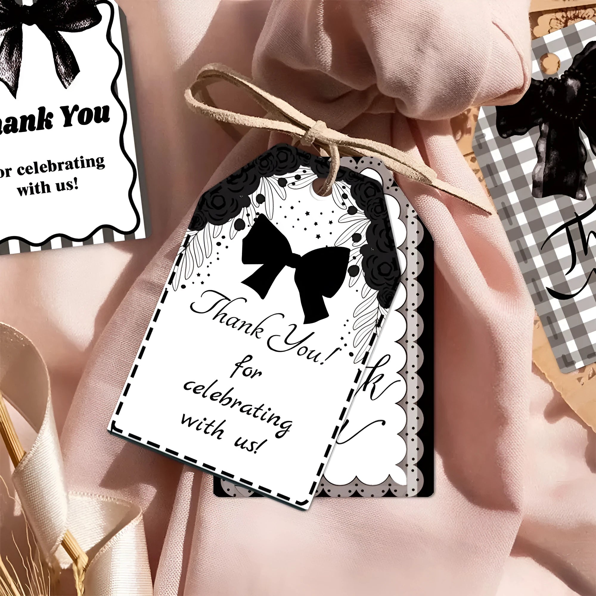 Set of 60 paper birthday gift tags with natural hemp rope in three bowknot designs.