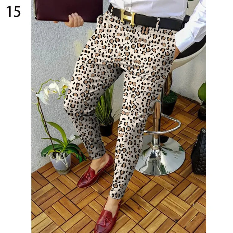 Men's slim-fit casual trousers with 3D printed plaid pattern in colour RKKZ49