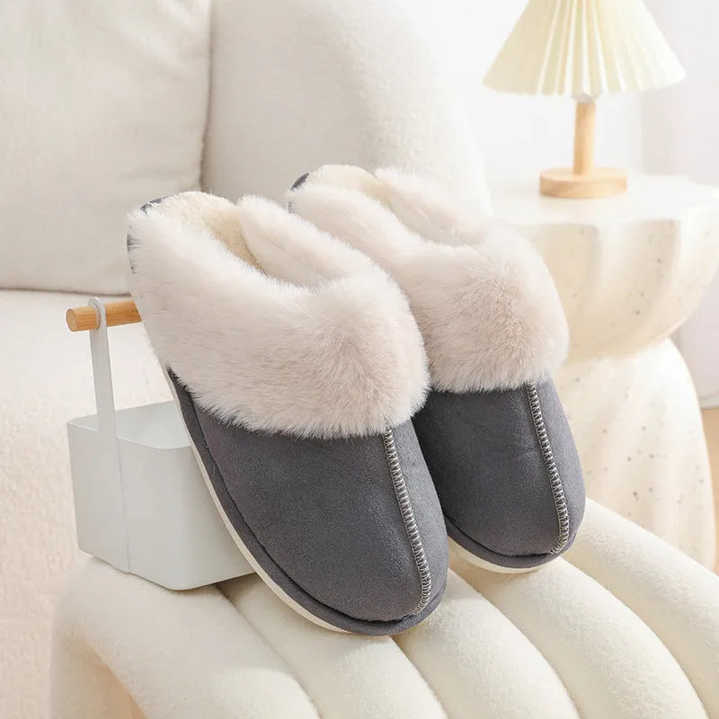 Women's round-toe plush slippers in multiple colours with a non-slip PVC sole.