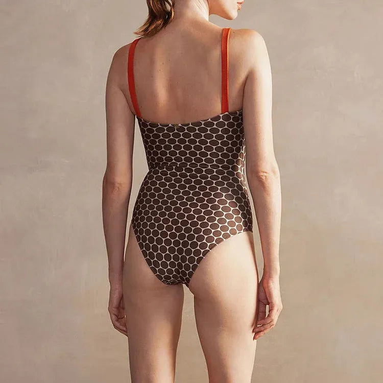 Women's printed one-piece swimsuit with matching wrap skirt set in dots pattern polyester fabric