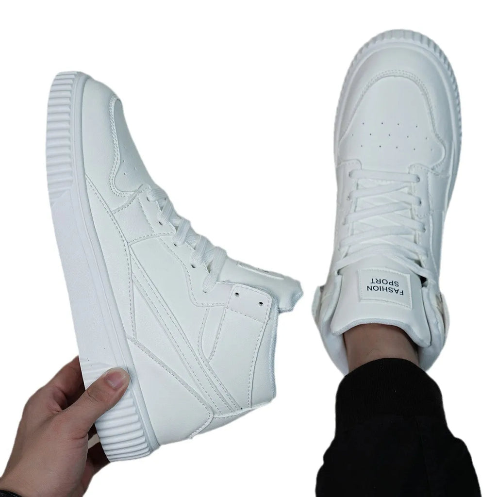 Men's white round-toe casual shoes with microfiber uppers on a plain background.