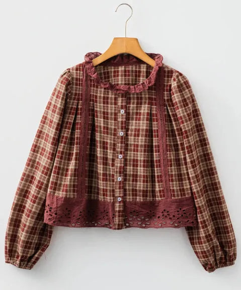 Red dahlia check hollow lace edge loose long sleeve cotton shirt for women