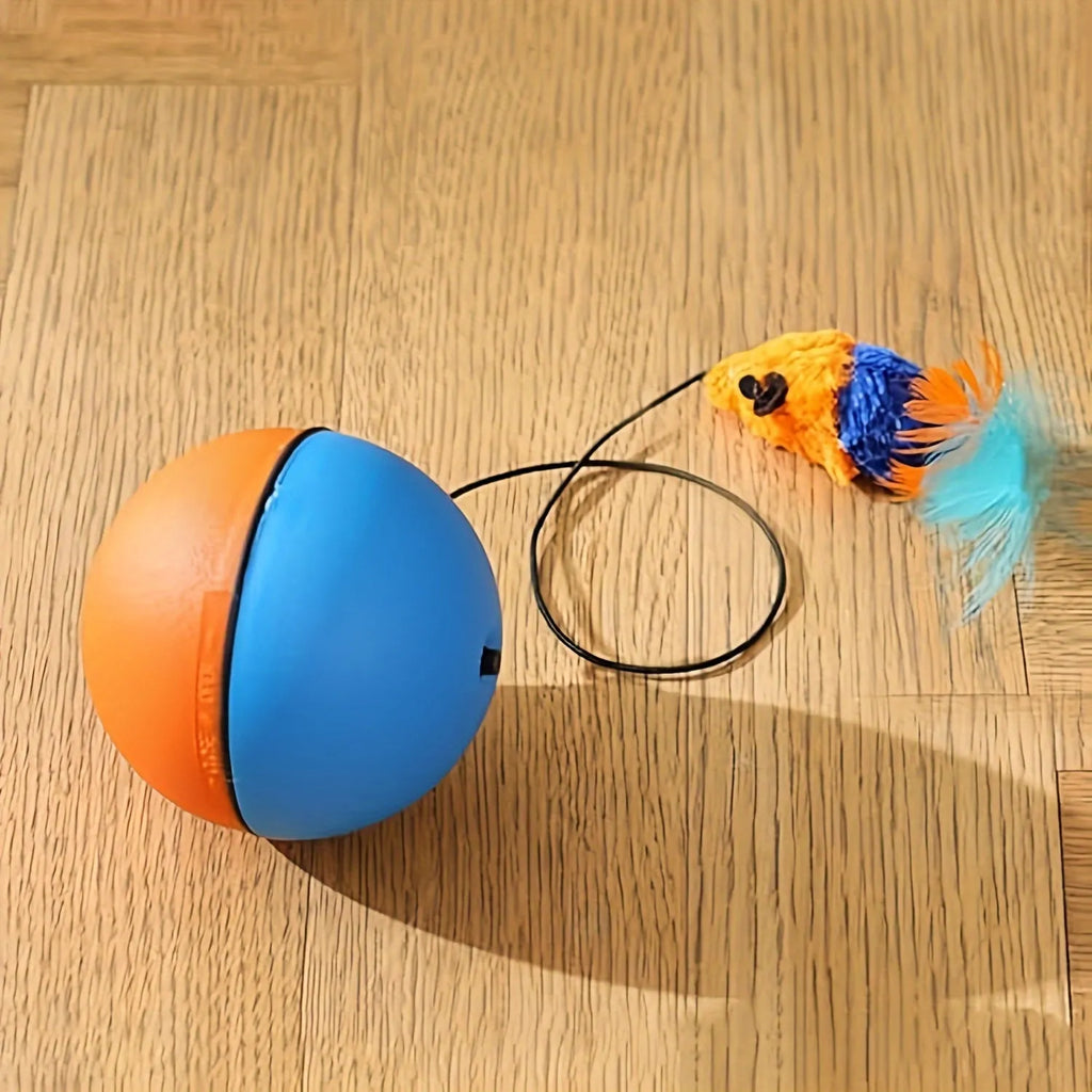 Blue and orange interactive cat toy ball with plush mouse interior and feather wand teaser for feline exercise