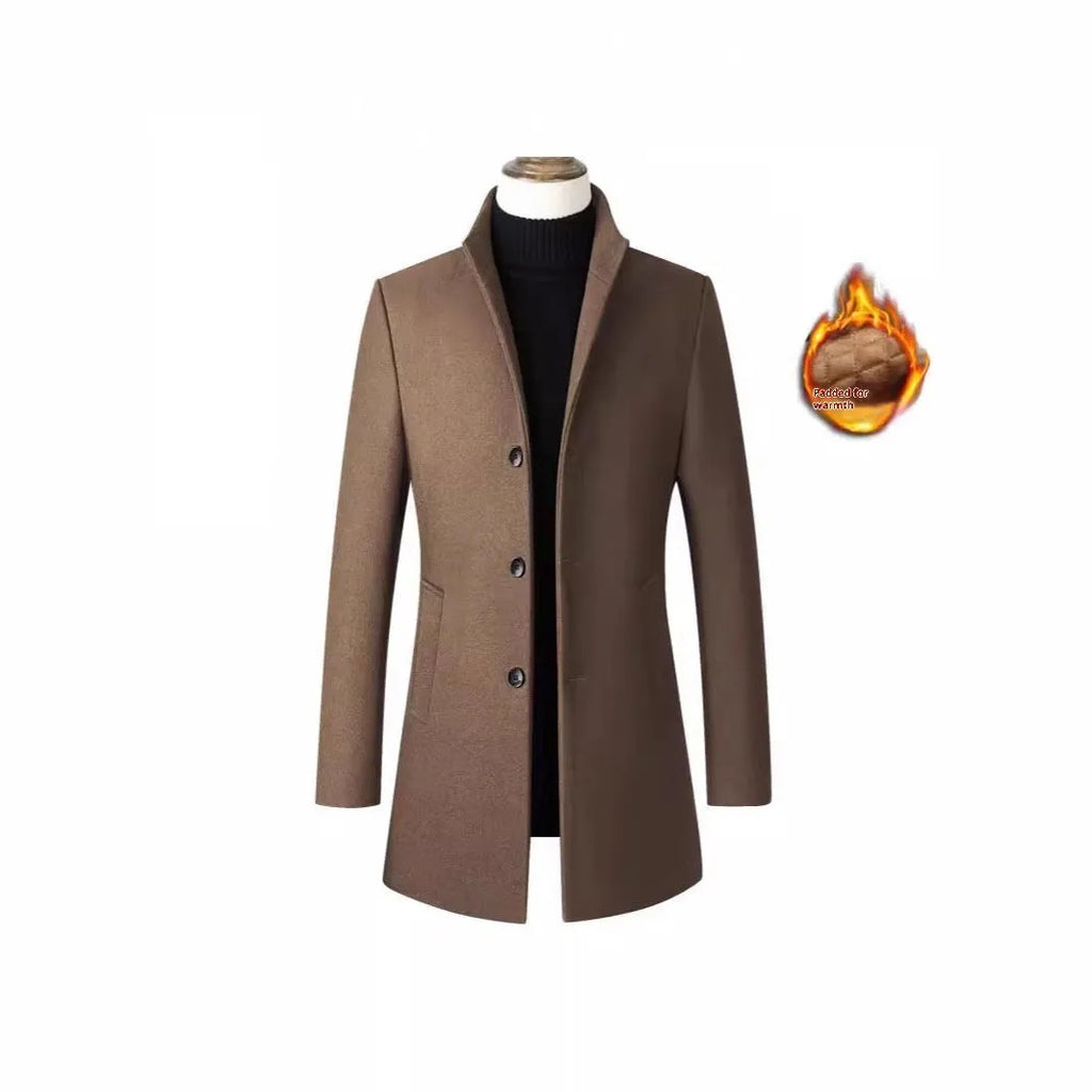 Men's single-breasted stand collar wool winter coat in solid colour front view