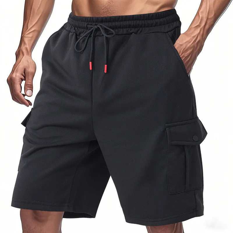 Men's loose-fit heavyweight ring fabric cargo shorts in light grey with multiple pockets.