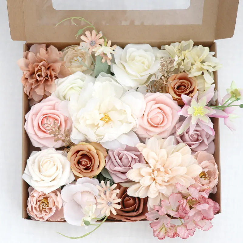 Lotus Pink Champagne rose silk flower box wedding gift bouquet in box