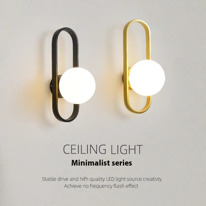 Minimalist wall lamp with glass shade and iron body in black or gold finish showing three light mode options