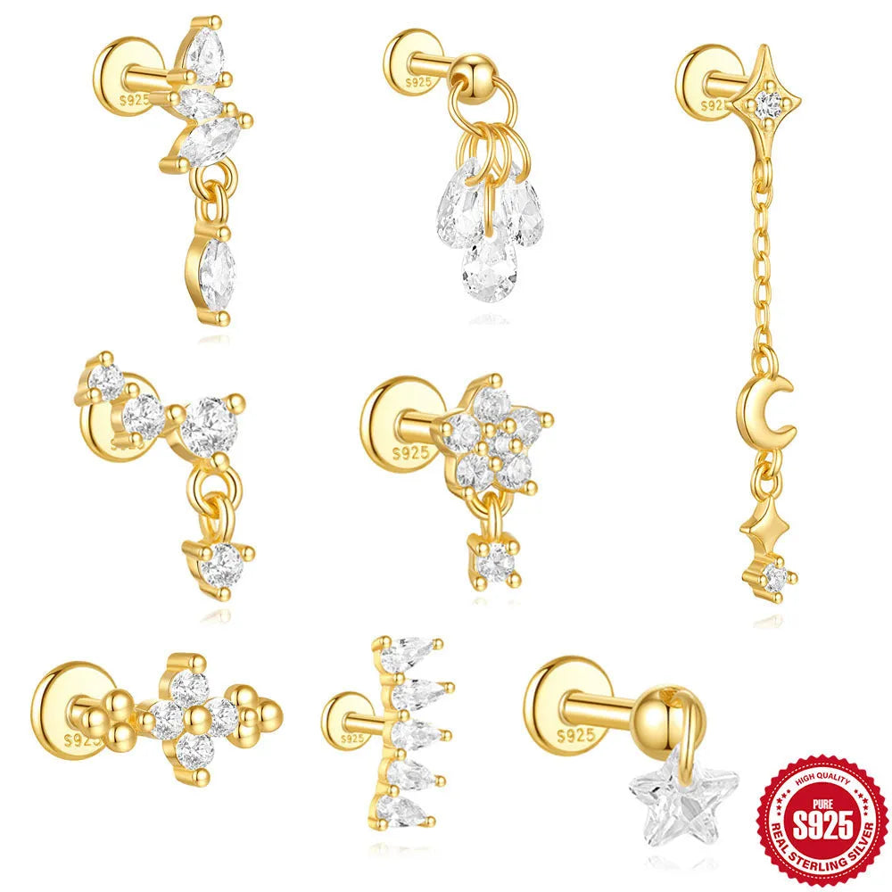 S925 sterling silver geometric moon and star earrings with diamond accents in gold-plated finish